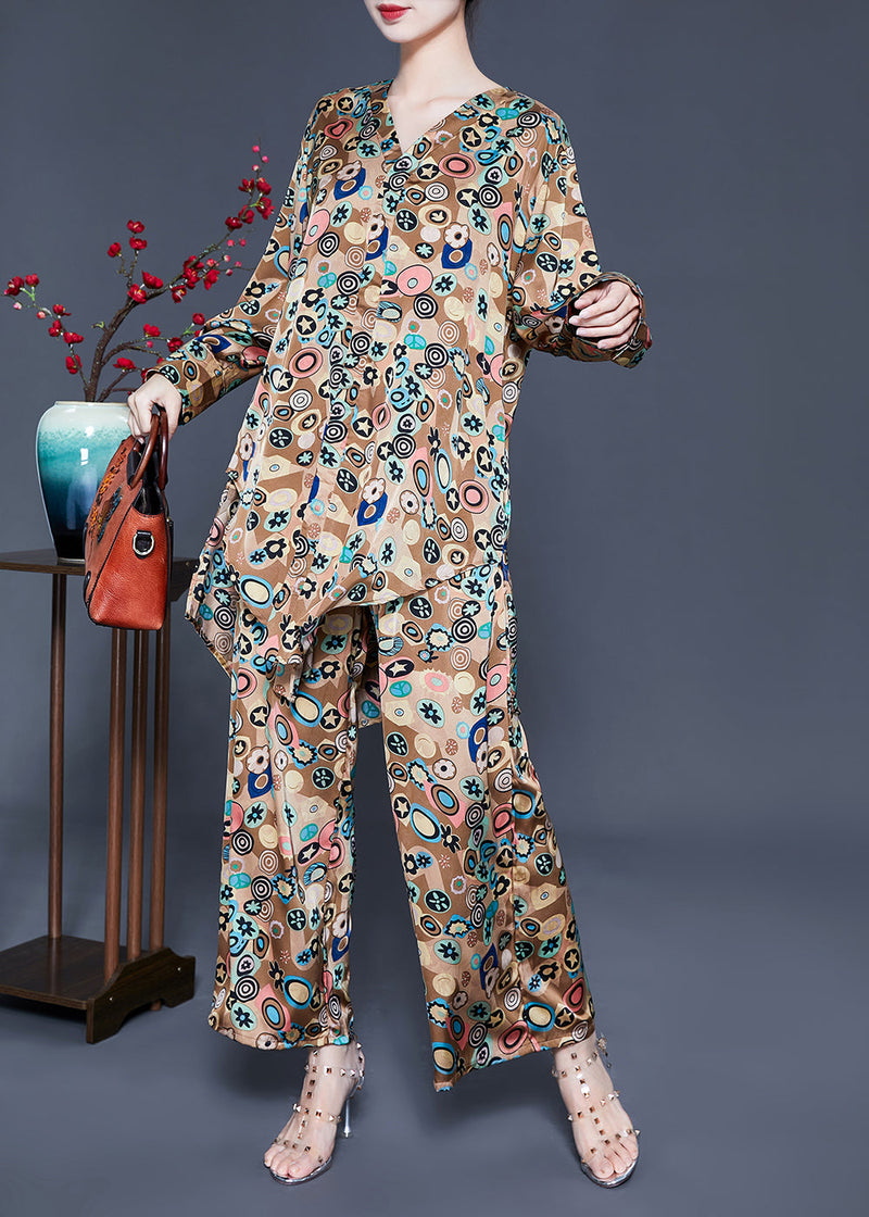 French Khaki Print Tie Waist Asymmetrical Design Silk Two-piece Set Summer