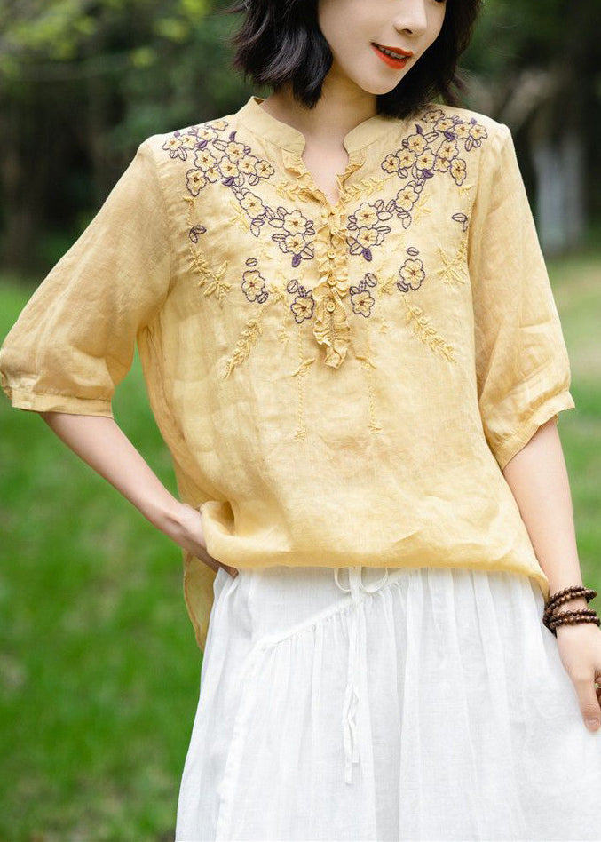 Simple White Embroideried Ruffled Linen Shirt Top Summer