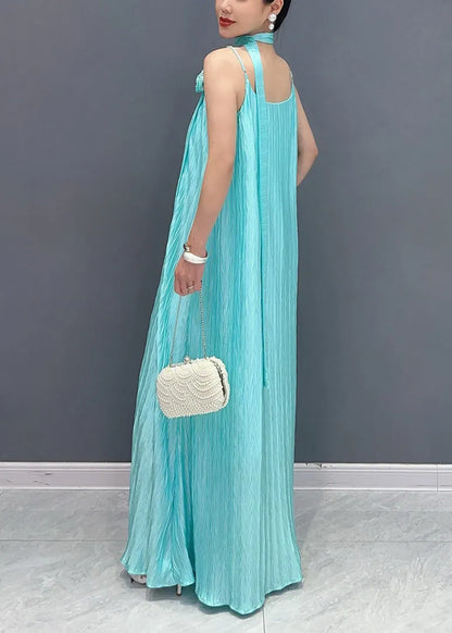 Fine Blue Cold Shoulder Silk Spaghetti Strap Dress Summer