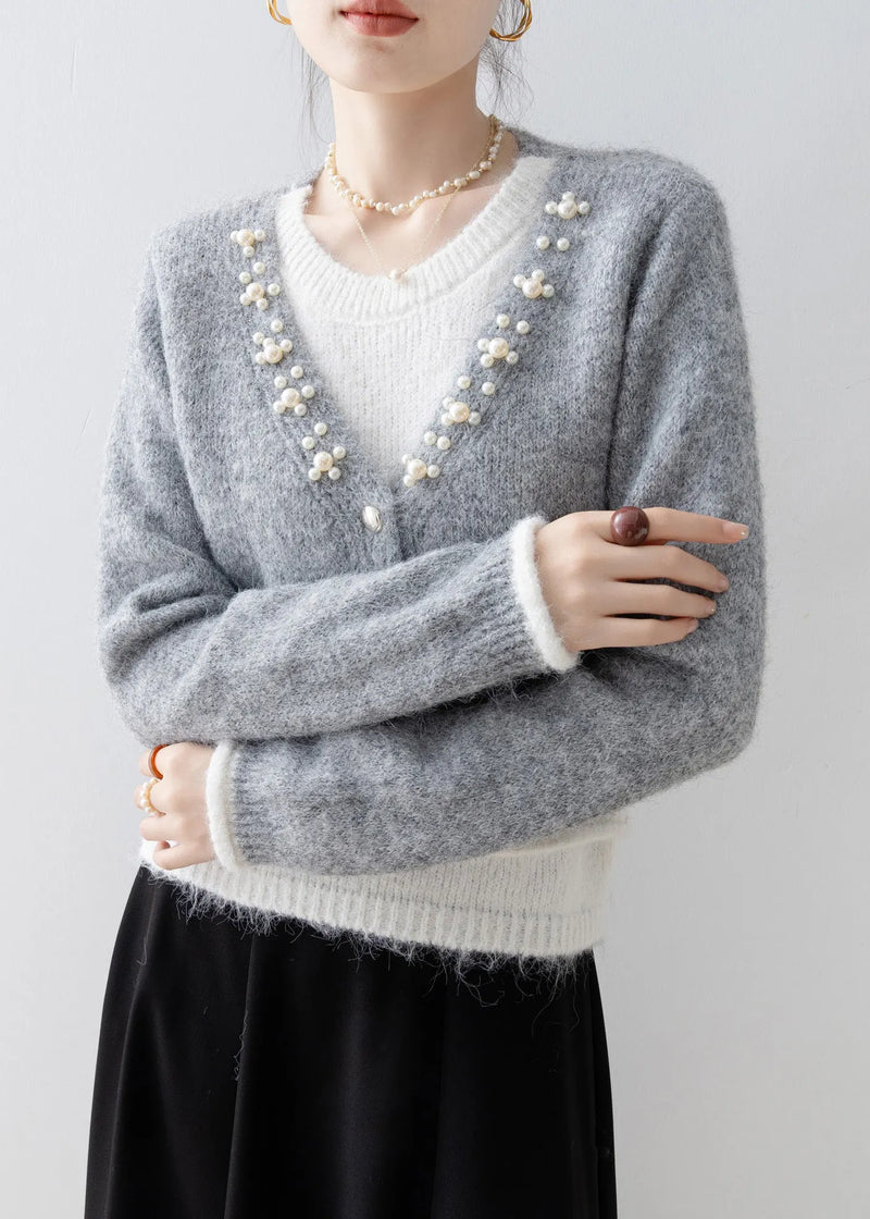 Boutique Grey Nail Bead Patchwork False Two Pieces Knit Sweaters Spring