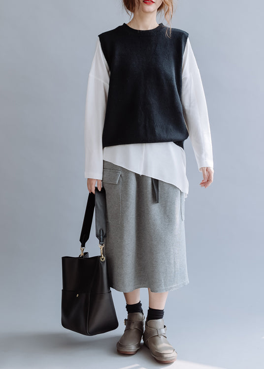 Unique Grey High Waist Pockets Skirts Spring