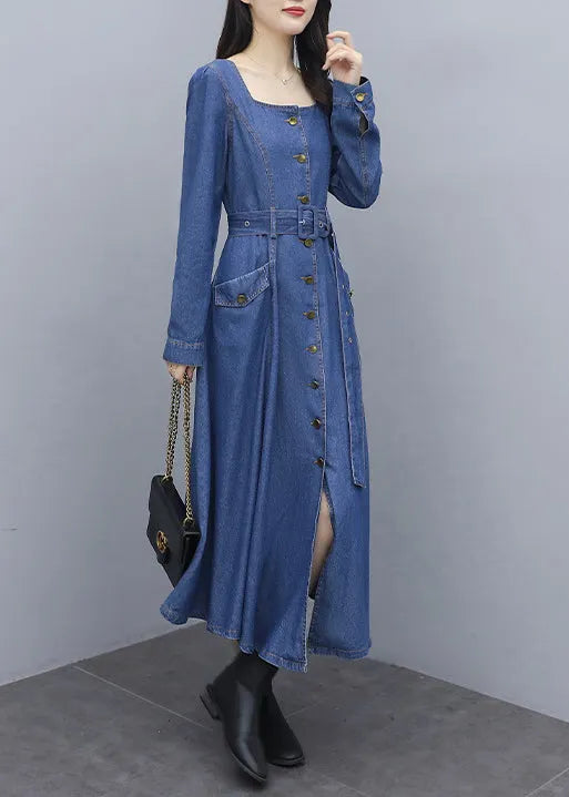 Fitted Blue Square Collar Button Sashes Pocket Cotton Denim Dress Long Sleeve