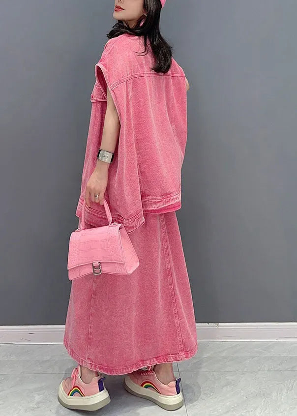 Pink Vest and Skirts Denim Two Piece Set Clothing Summer
