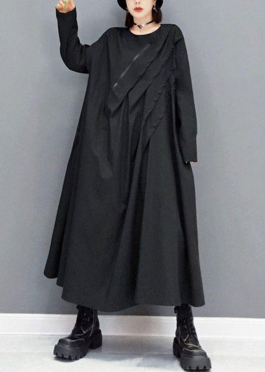 Black O-neck Pockets Robe Dresses Fall Long Sleeve