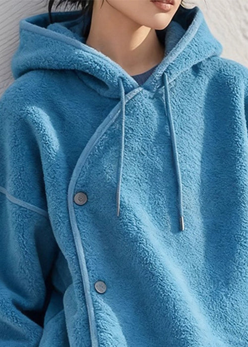Simple Blue Hooded Cozy Fluffy Sweatshirts Winter