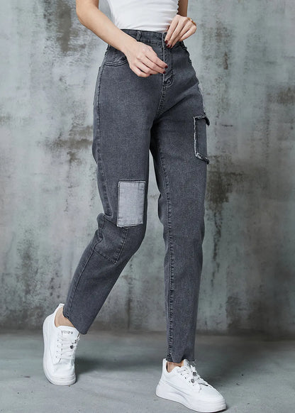 Grey Silm Fit Patchwork Applique Denim Pants Spring