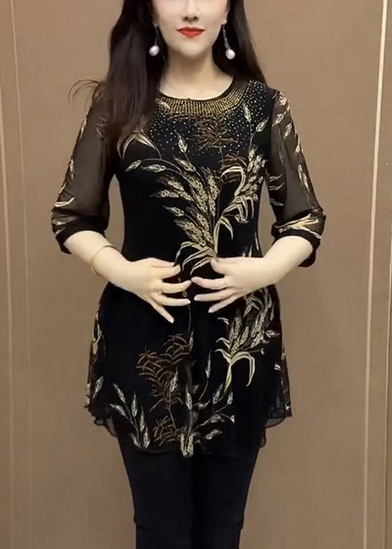 Yellow O Neck Print Patchwork Chiffon Shirt Top Bracelet Sleeve