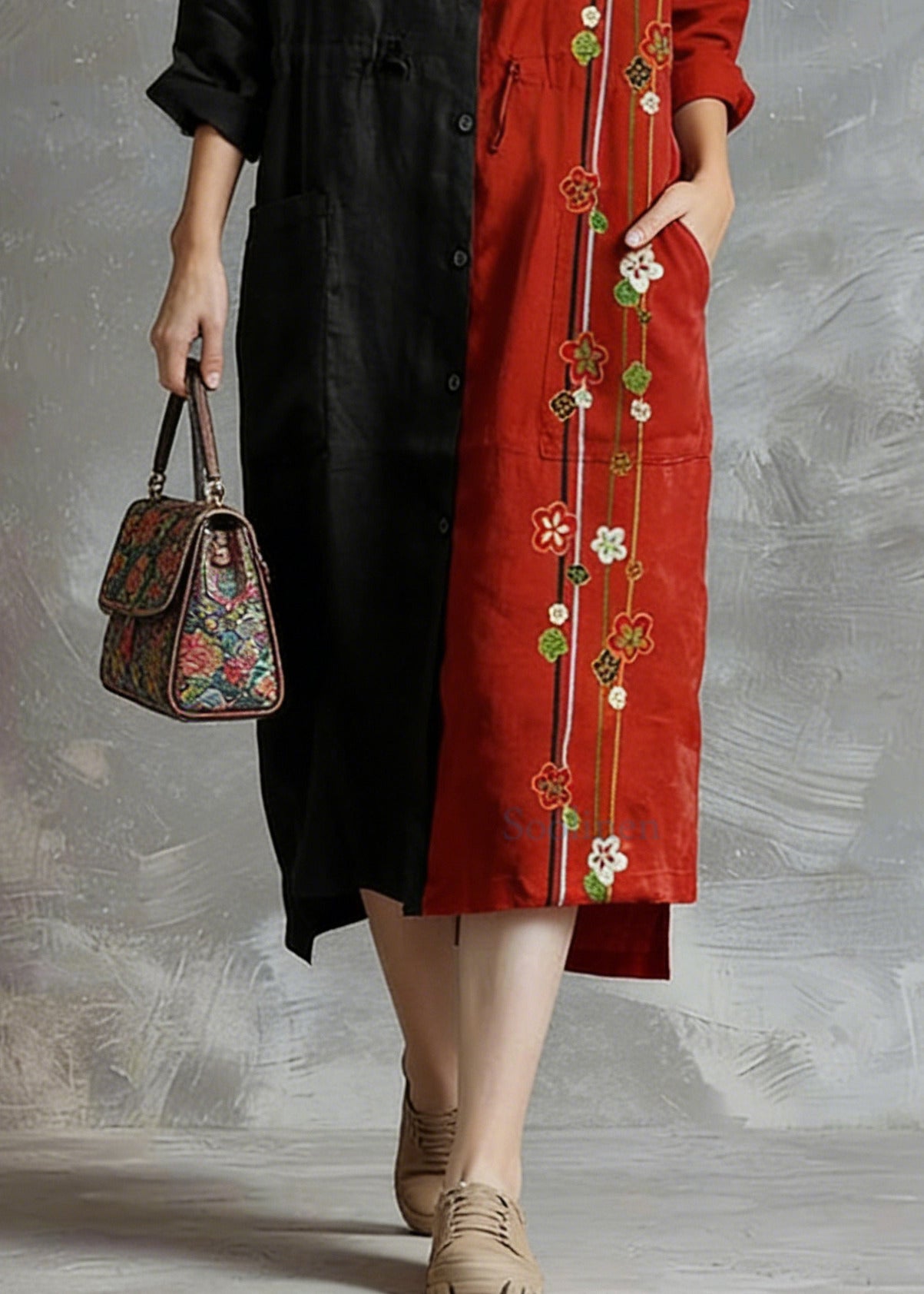 Red Flower Linen Shirt Dress Oversize Spring Maxi Dresses