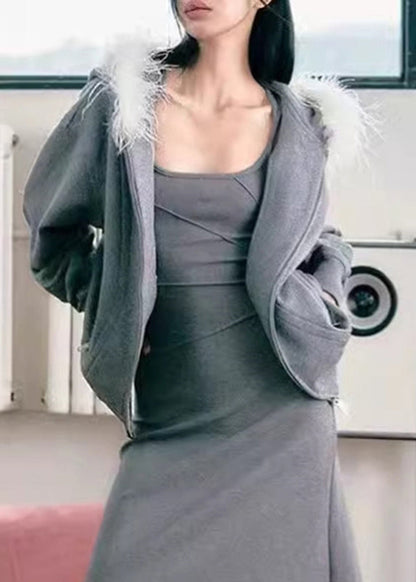 Grey Fur Collar Zippered Fleece Sweatshirt and Skirts Two Pieces Set Winter
