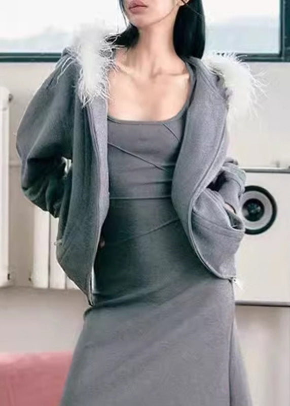 Grey Fur Collar Zippered Fleece Sweatshirt and Skirts Two Pieces Set Winter
