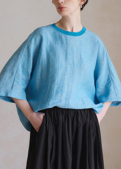 Blue O Neck Linen Shirt Half Sleeve