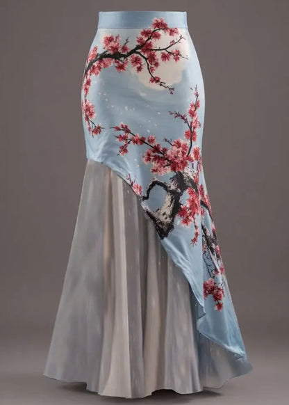 New Blue Asymmetrical Print Patchwork Skirts Summer