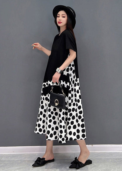 Black O-neck Dot Maxi Dresses Short Sleeve