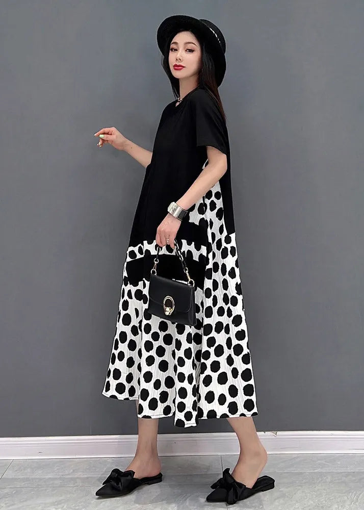 Black O-neck Dot Maxi Dresses Short Sleeve