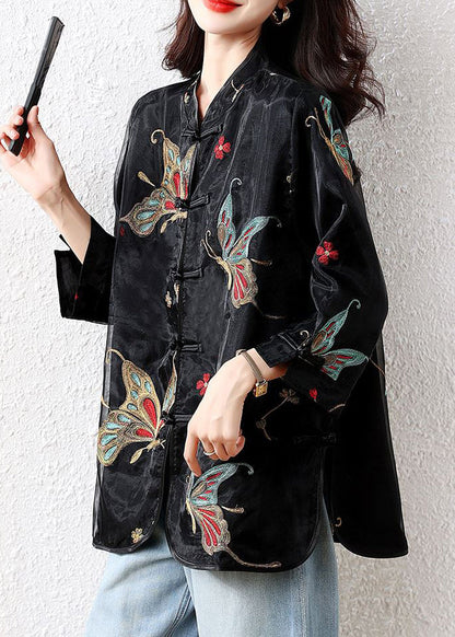 Handmade Black Embroidered Button Tulle Patchwork Silk Velour Blouses Fall