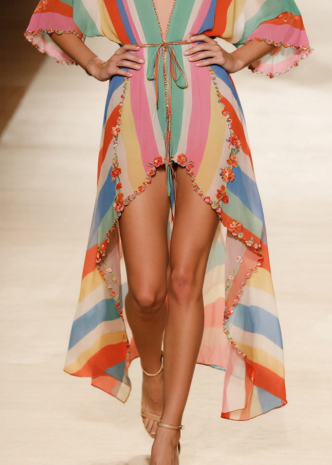 Rainbow Asymmetrical Striped Chiffon Beach Dress Summer