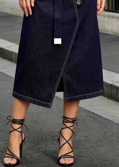 Navy Asymmetrical Side Open Denim Skirt Summer