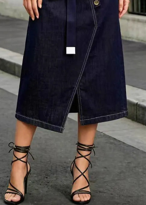 Navy Asymmetrical Side Open Denim Skirt Summer