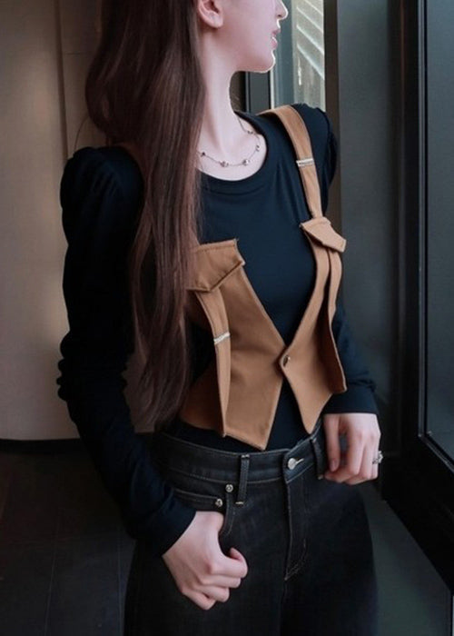 Stylish Brown O Neck False Two Pieces Patchwork Cotton T Shirt Spring
