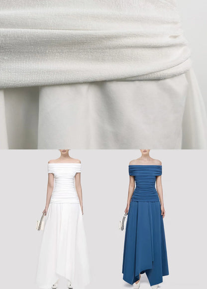Original White Slash Neck Wrinkled Knitting Cotton Long Dress Summer