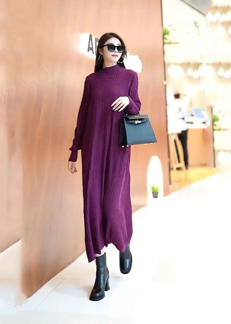 Classy Purple Stand Collar Color Knit Long Sweater Dress Spring