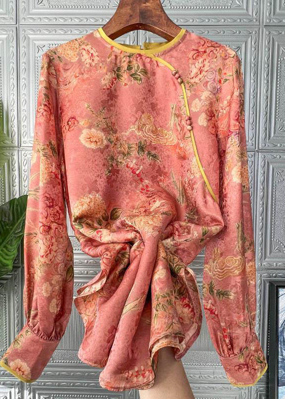 Handmade Orange O-neck Button Patchwork Chiffon Blouse Tops Long Sleeve