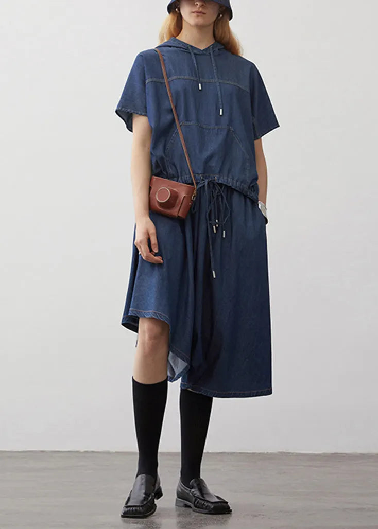 Boutique Navy Hooded Drawstring Patchwork Denim Two Pieces Set Summer