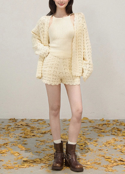 Stylish Beige Hollow Out Knit Two Pieces Set Fall