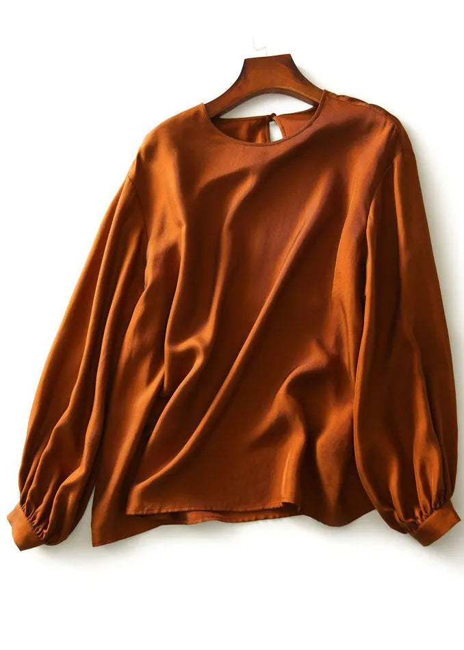 Caramel O-neck Oversized Draping Fine Silk Top Spring