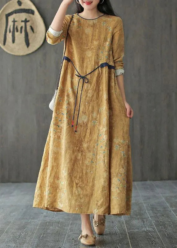 Diy Yellow O-neck Print Tie Waist Long Sleeve Fall Dress