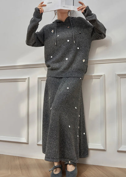 Dark Gray Hooded Sequins Knit Two Pieces Set Winter