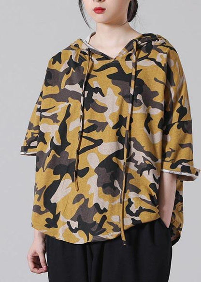 Yellow Camouflage Hooded Cotton Summer Blouses