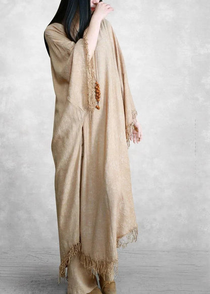 Khaki Silk Linen Jacquard Tassel Dress Two Piece Set