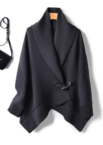 Organic Black Peter Pan Collar Button Cotton Trench Coats Batwing Sleeve