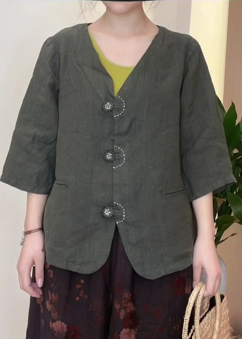 Original Design Blackish Green V Neck Button Linen Shirt Top Half Sleeve
