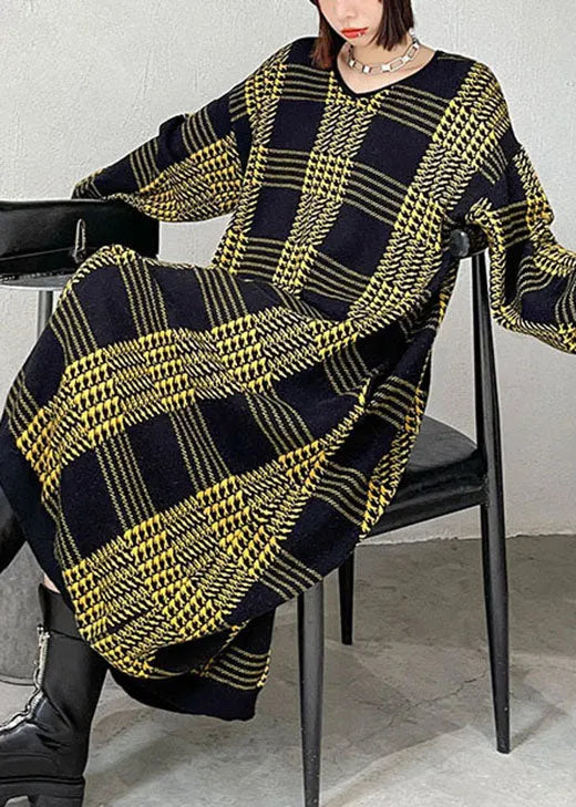 Italian Yellow Plaid V Neck Fall Knit Dress