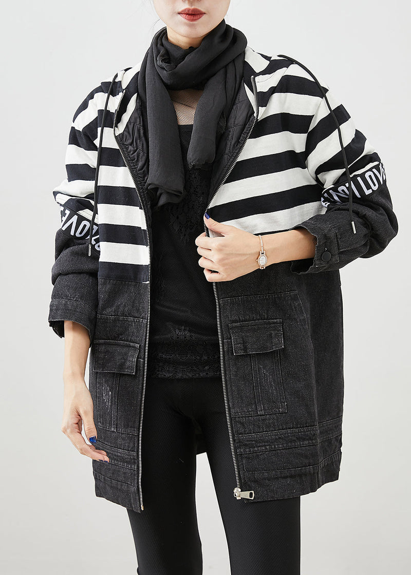 Black Hooded Patchwork Striped Fine Cotton Filled Denim Jacket Witner