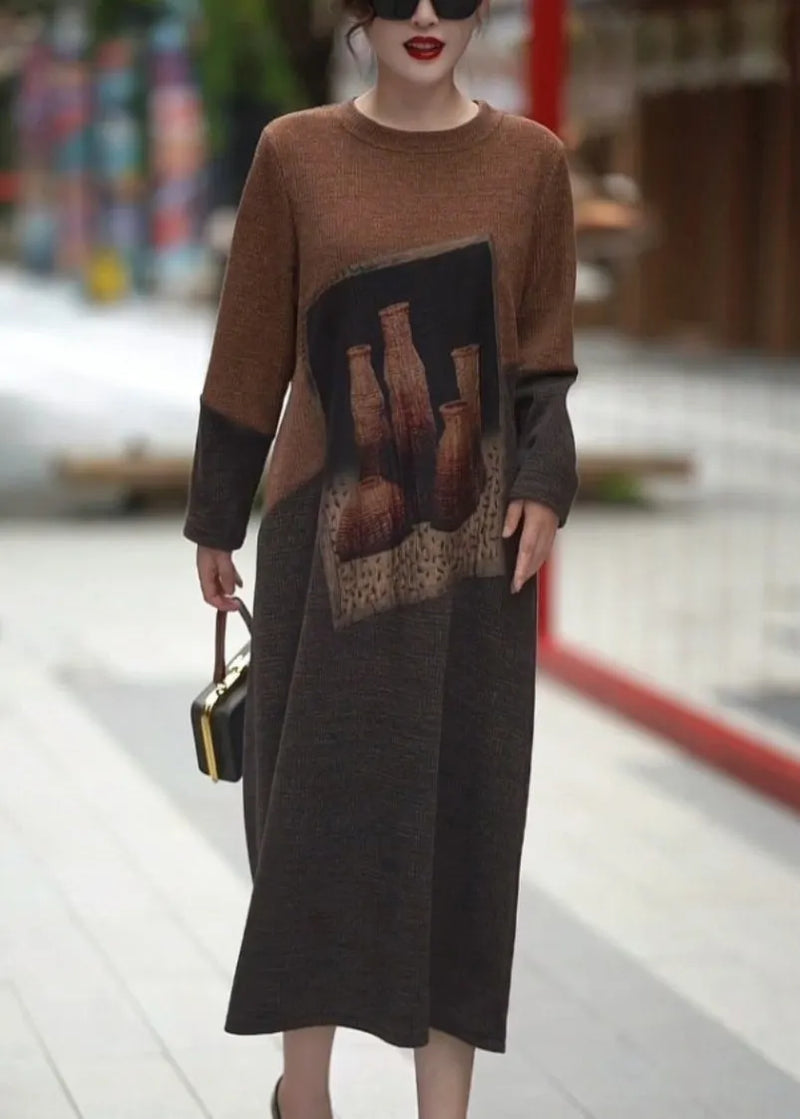 Colorblock O Neck Cozy Knit Long Dress Winter