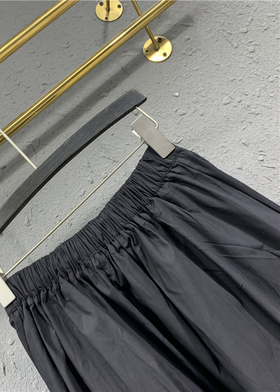 Black Cinched Pockets Elastic Waist Patchwork Cotton Skirt Spring