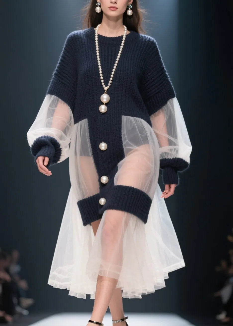 French O Neck Tulle Patchwork Knitted Dress Winter