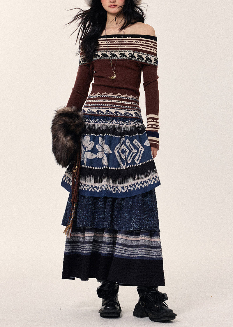 Style Navy Layered Patchwork Linen Skirt Spring