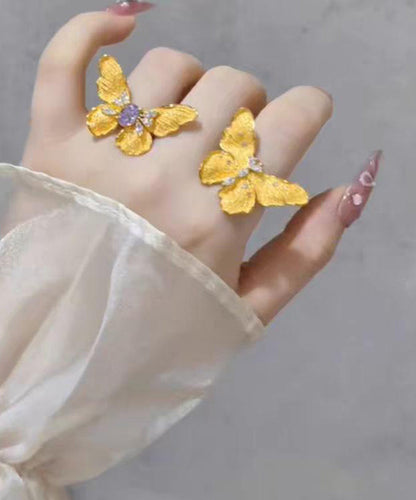Chinese Style Gold Sterling Silver Overgild Butterfly Rings Two-piece Set