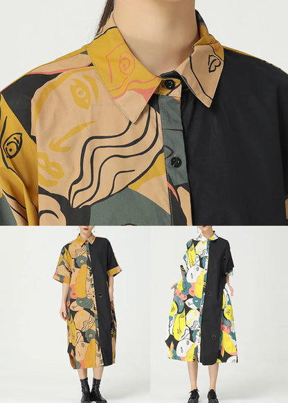 Khaki Print Pockets Patchwork Cotton Shirts Dress Short Sleeve