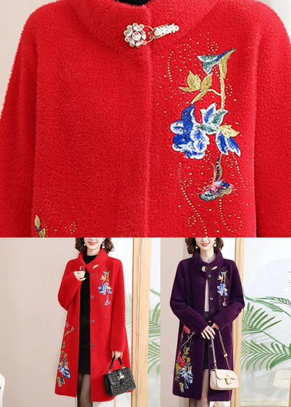 Loose Red Stand Collar Long Woolen Coats Spring