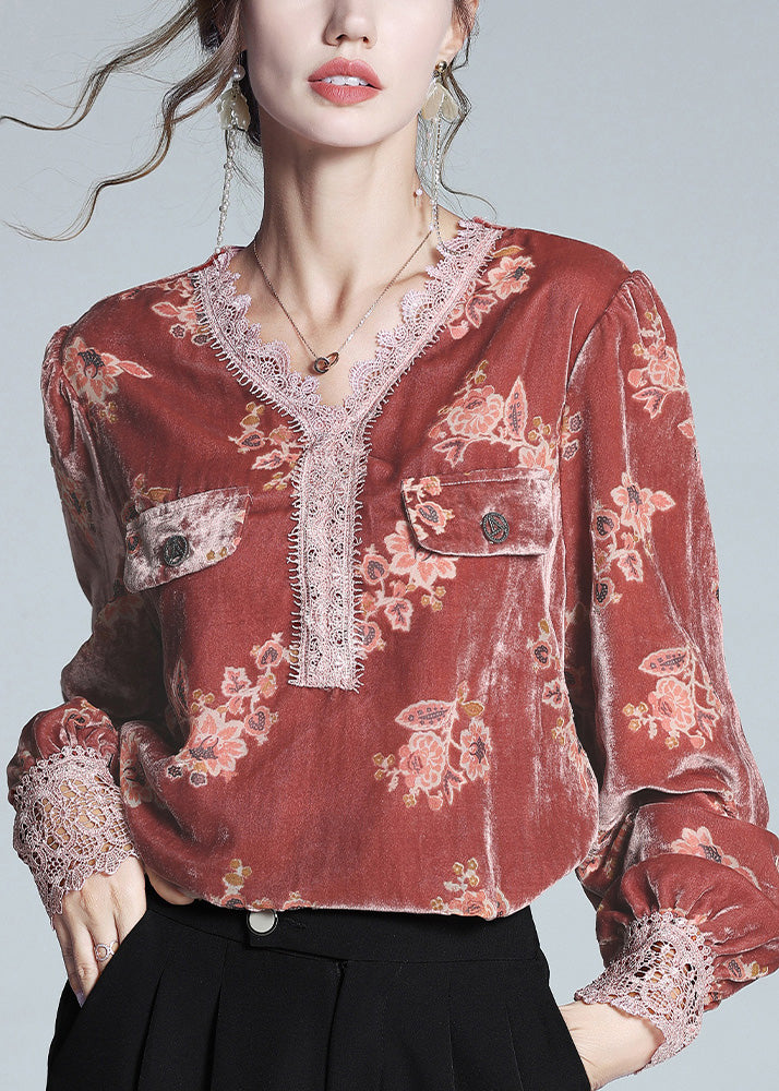 Red V Neck Print Lace Patchwork Silk Velour Top Spring