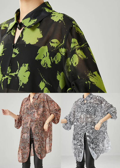 Green Print Chiffon Upf 50+ Shirt Tops Oversized Fall