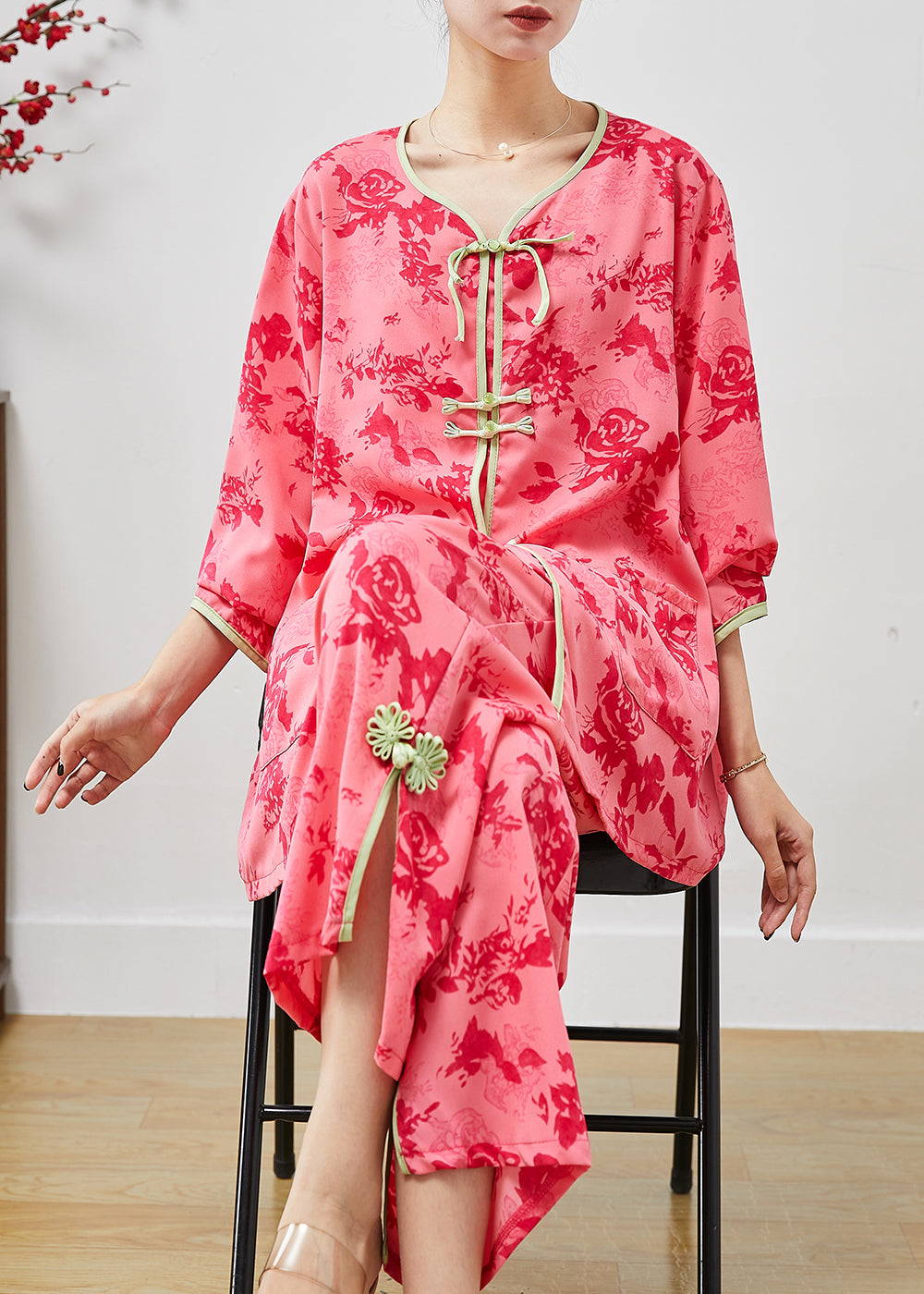 Red Chinese Button Print Cotton Two Pieces Set Summer