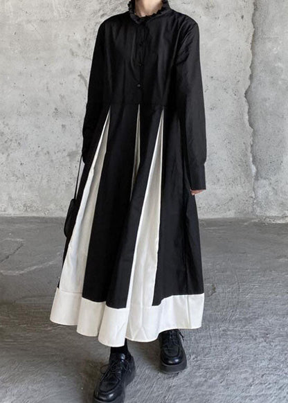 Black Stand Collar Patchwork Exra Large Hem Cotton Shirts Dresses Spring