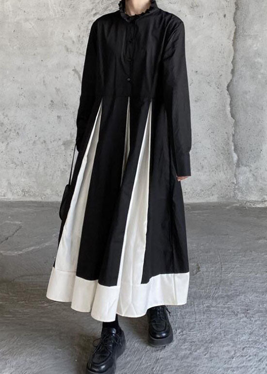 Black Stand Collar Patchwork Exra Large Hem Cotton Shirts Dresses Spring