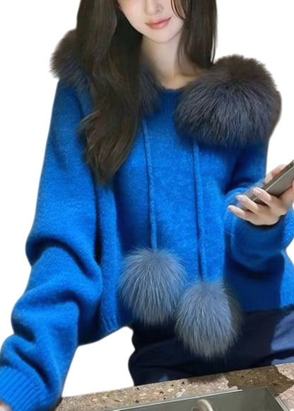 Blue Oversized Patchwork Fuzzy Ball Decorated Knit Pullover Spring